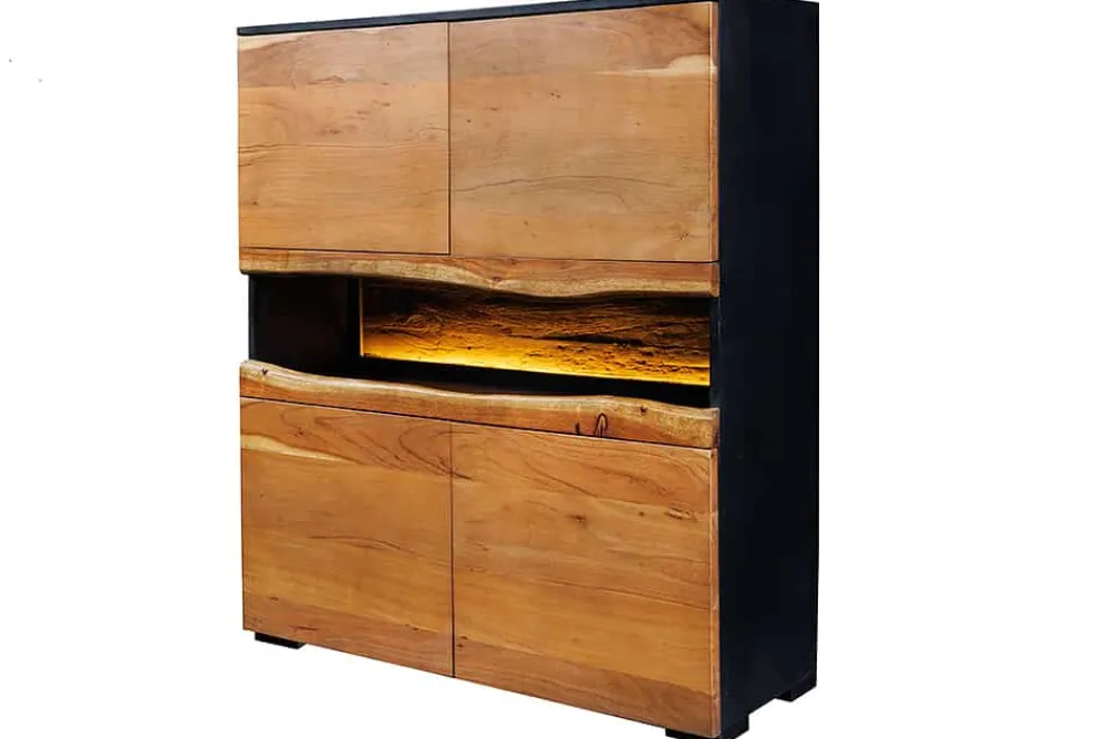 Riess-Ambiente Mehr...|Massivholzschränke > Massivholz Highboard GRAND ACACIA 120cm braun Akazie mit LED-Beleuchtung Baumkante