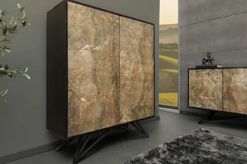 Riess-Ambiente Mehr...|Massivholzschränke > Massivholz Highboard MOUNTAIN SOUL 120cm grau grün marmoriert Steinfurnier Akazie