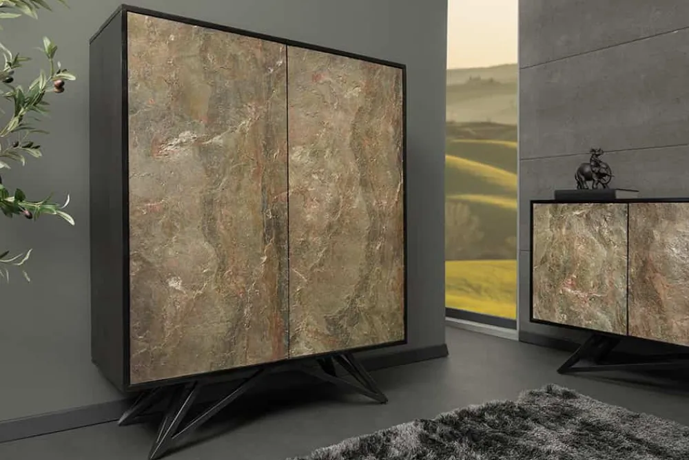 Riess-Ambiente Mehr...|Massivholzschränke > Massivholz Highboard MOUNTAIN SOUL 120cm grau grün marmoriert Steinfurnier Akazie