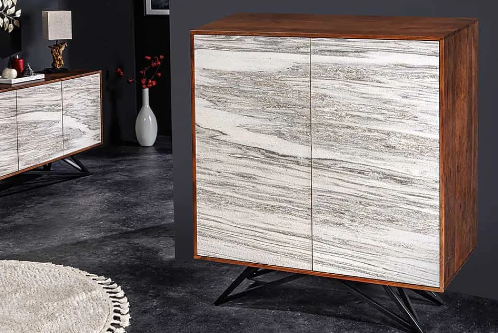 Riess-Ambiente Mehr...|Massivholzschränke > Massivholz Highboard MOUNTAIN SOUL 120cm echter Naturstein weiß Akazie Schrank Marmor-Design