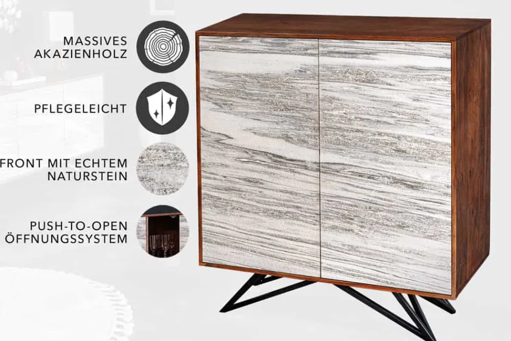 Riess-Ambiente Mehr...|Massivholzschränke > Massivholz Highboard MOUNTAIN SOUL 120cm echter Naturstein weiß Akazie Schrank Marmor-Design
