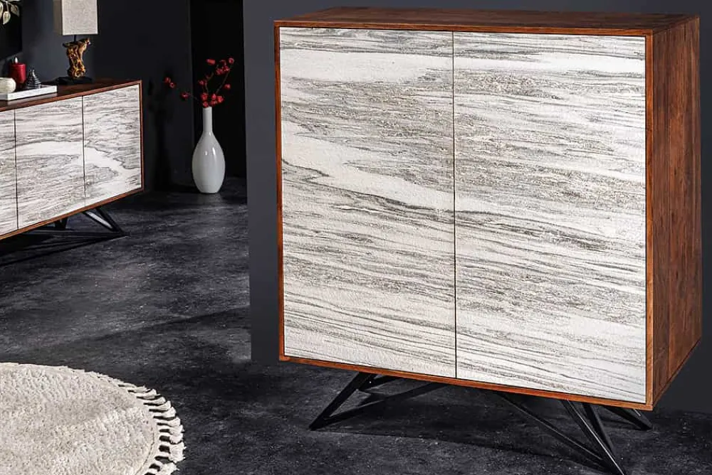 Riess-Ambiente Mehr...|Massivholzschränke > Massivholz Highboard MOUNTAIN SOUL 120cm echter Naturstein weiß Akazie Schrank Marmor-Design