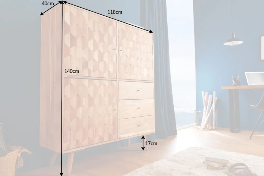 Riess-Ambiente Mehr...|Highboards > Massivholz Highboard MYSTIC LIVING 140cm Akazie natur 3D-Oberfläche