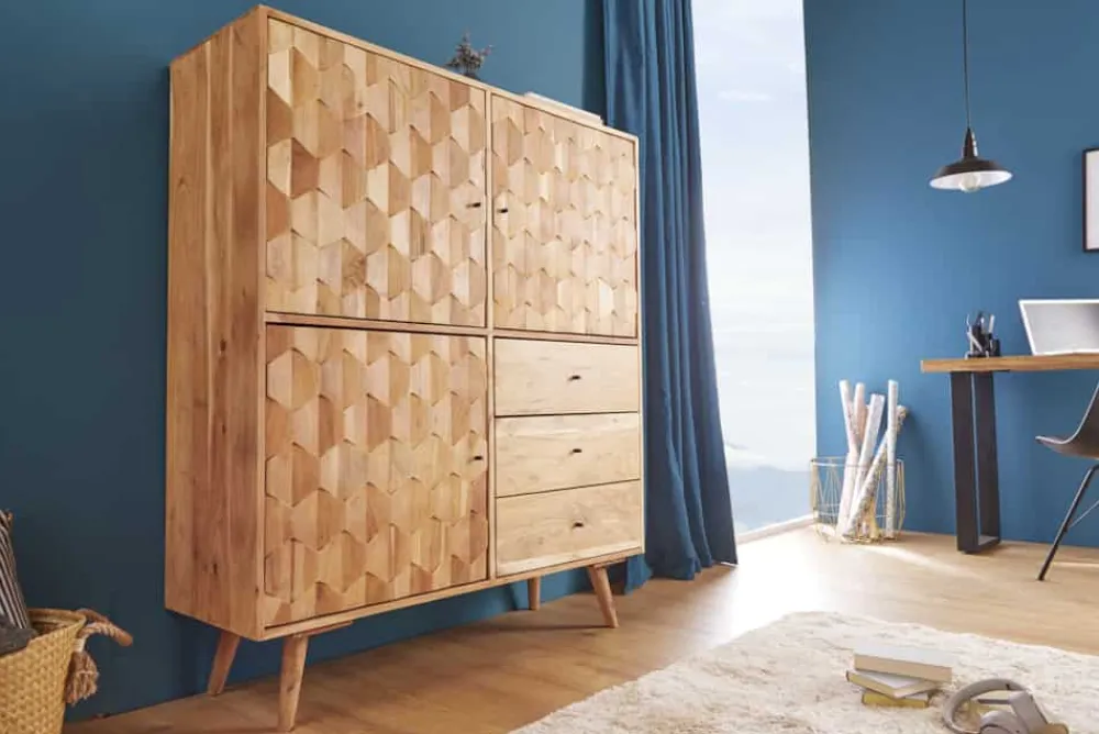 Riess-Ambiente Mehr...|Highboards > Massivholz Highboard MYSTIC LIVING 140cm Akazie natur 3D-Oberfläche