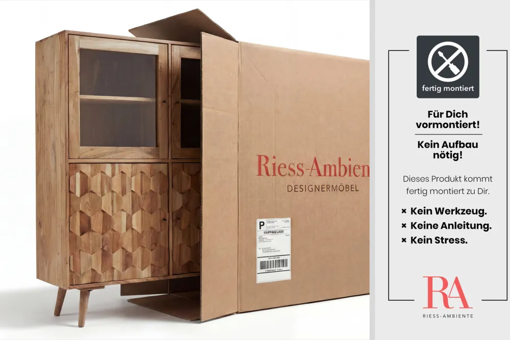Riess-Ambiente Highboards|Vitrinen > Massivholz Highboard MYSTIC LIVING 140cm Akazie natur Vitrine 3D-Oberfläche