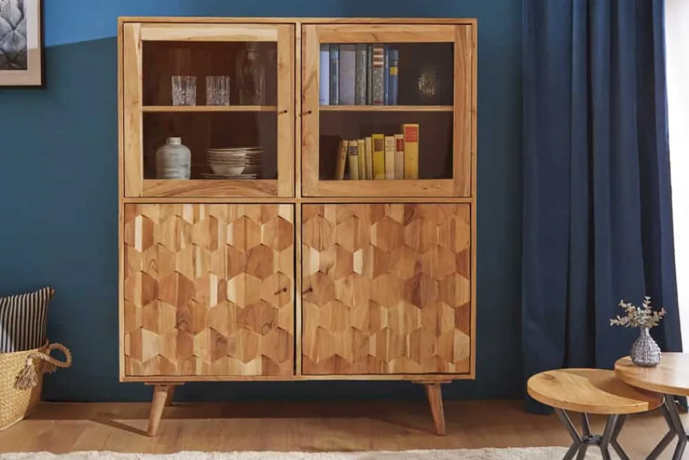 Riess-Ambiente Highboards|Vitrinen > Massivholz Highboard MYSTIC LIVING 140cm Akazie natur Vitrine 3D-Oberfläche