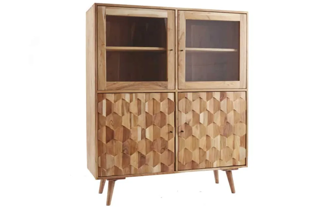 Riess-Ambiente Highboards|Vitrinen > Massivholz Highboard MYSTIC LIVING 140cm Akazie natur Vitrine 3D-Oberfläche