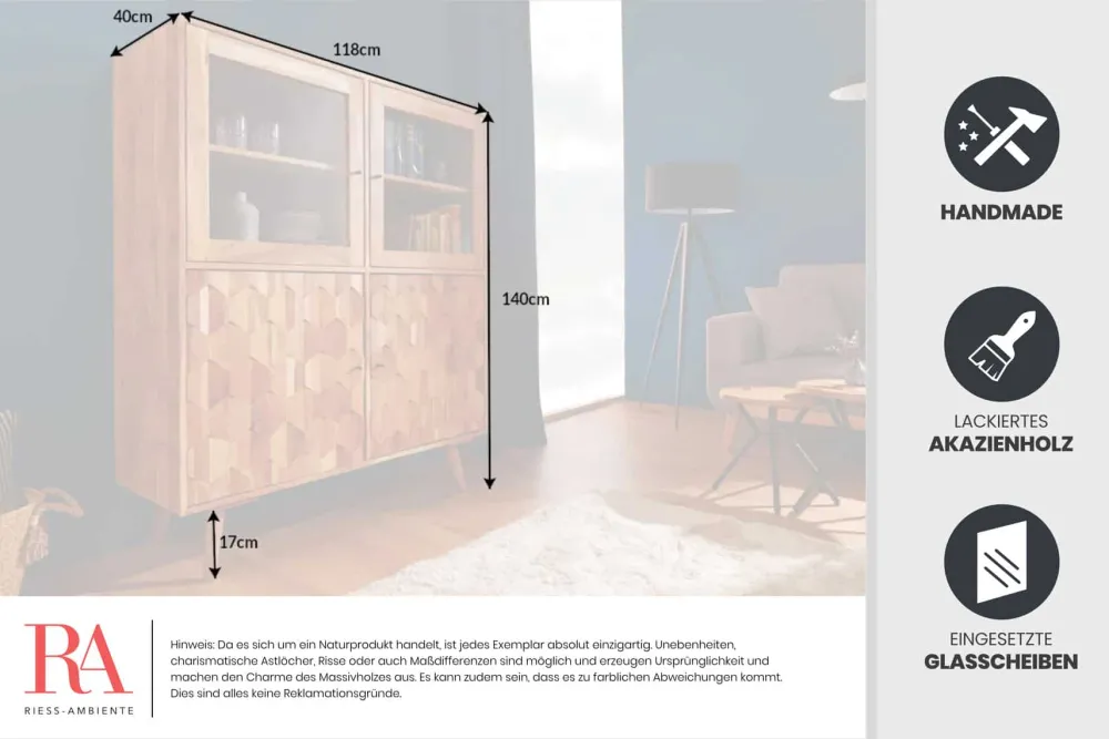 Riess-Ambiente Highboards|Vitrinen > Massivholz Highboard MYSTIC LIVING 140cm Akazie natur Vitrine 3D-Oberfläche