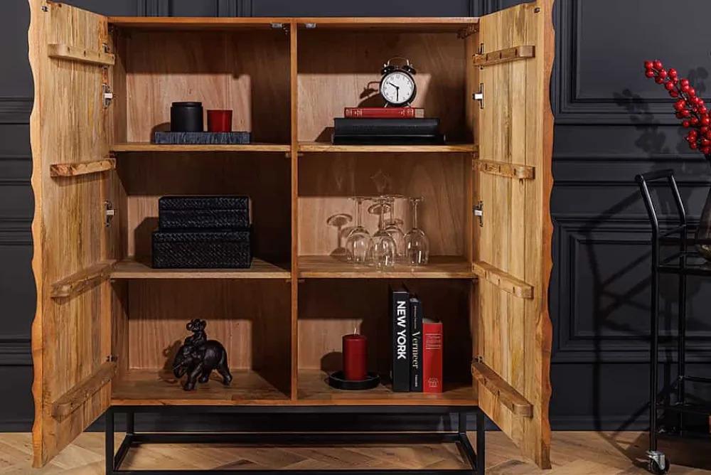 Riess-Ambiente Mehr...|Massivholzschränke > Massivholz Highboard VULCANO 120cm braun Mangoholz mit 3D Schnitzereien handmade Metallgestell schwarz