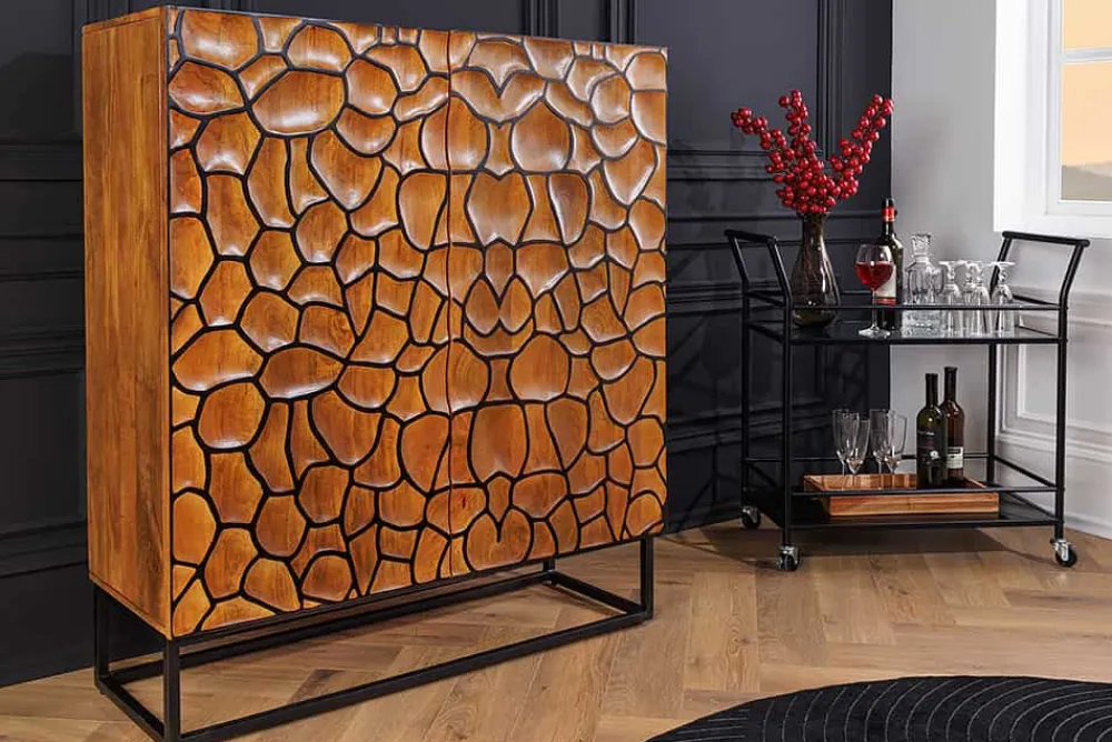 Riess-Ambiente Mehr...|Massivholzschränke > Massivholz Highboard VULCANO 120cm braun Mangoholz mit 3D Schnitzereien handmade Metallgestell schwarz