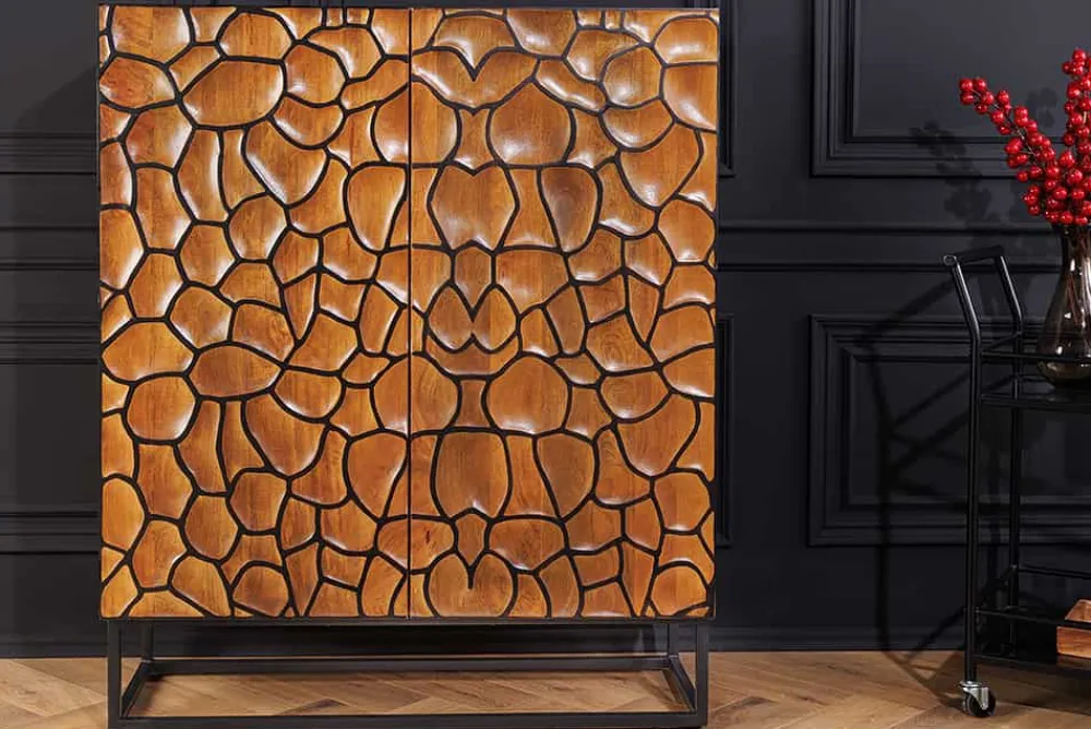 Riess-Ambiente Mehr...|Massivholzschränke > Massivholz Highboard VULCANO 120cm braun Mangoholz mit 3D Schnitzereien handmade Metallgestell schwarz