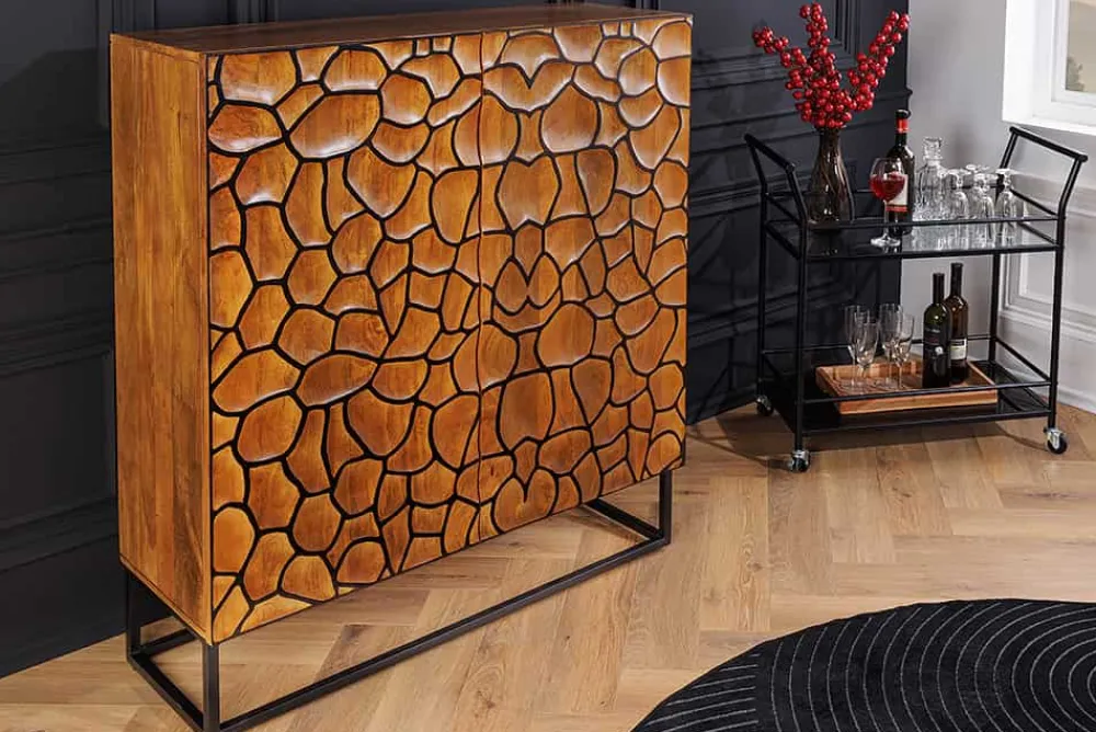 Riess-Ambiente Mehr...|Massivholzschränke > Massivholz Highboard VULCANO 120cm braun Mangoholz mit 3D Schnitzereien handmade Metallgestell schwarz