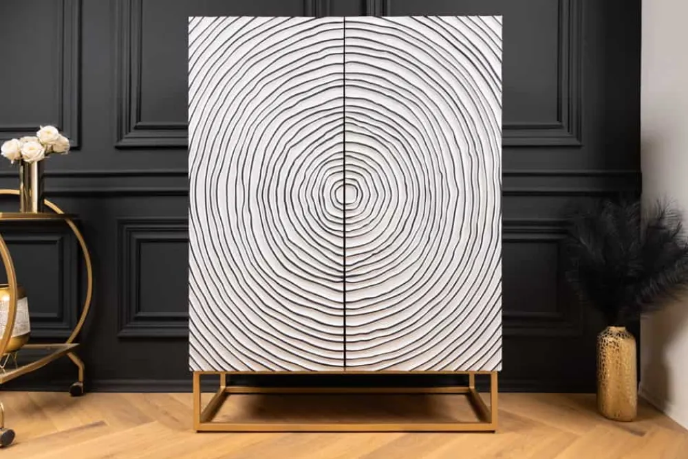 Riess-Ambiente Mehr...|Massivholzschränke > Massivholz Highboard ZEN CIRCLES 120cm weiß schwarz Mangoholz 3D-Design Metall gold