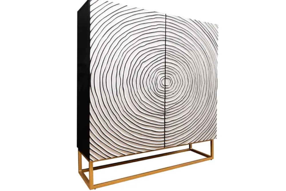 Riess-Ambiente Mehr...|Massivholzschränke > Massivholz Highboard ZEN CIRCLES 120cm weiß schwarz Mangoholz 3D-Design Metall gold