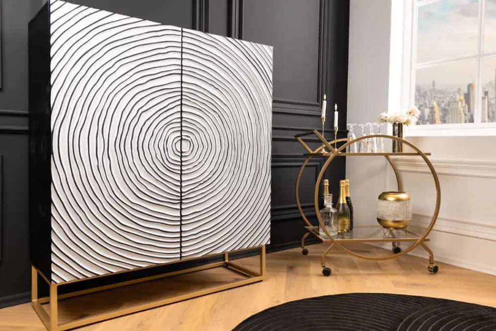 Riess-Ambiente Mehr...|Massivholzschränke > Massivholz Highboard ZEN CIRCLES 120cm weiß schwarz Mangoholz 3D-Design Metall gold