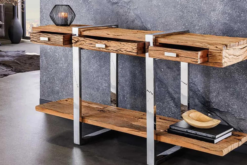 Riess-Ambiente Mehr...|Konsolentische > Massivholz Konsolentisch BARRACUDA 140cm braun Teakholz silber Edelstahl verchromt mit Schubladen