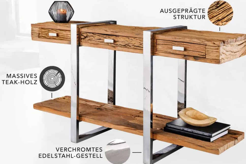 Riess-Ambiente Mehr...|Konsolentische > Massivholz Konsolentisch BARRACUDA 140cm braun Teakholz silber Edelstahl verchromt mit Schubladen