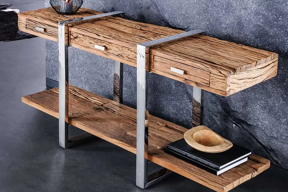 Riess-Ambiente Mehr...|Konsolentische > Massivholz Konsolentisch BARRACUDA 140cm braun Teakholz silber Edelstahl verchromt mit Schubladen