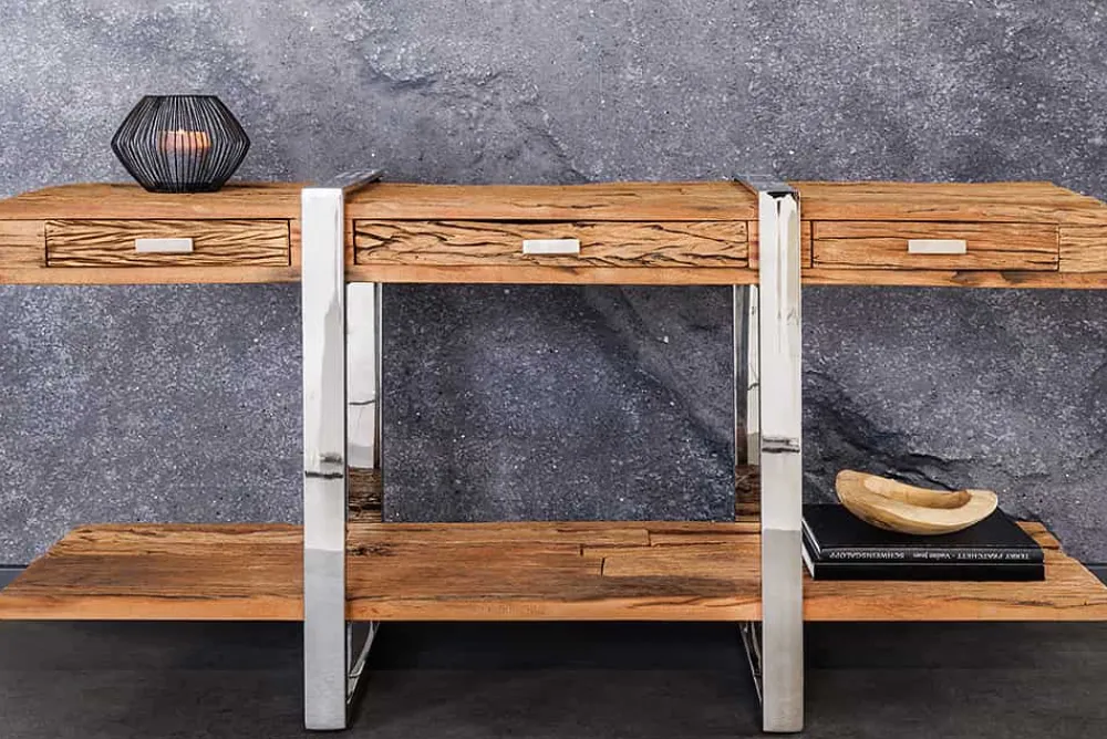 Riess-Ambiente Mehr...|Konsolentische > Massivholz Konsolentisch BARRACUDA 140cm braun Teakholz silber Edelstahl verchromt mit Schubladen