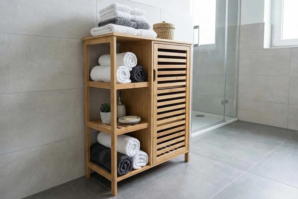 Riess-Ambiente Mehr...|Massivholzregale > Massivholz Regal ZEN-BO 90cm natur Bambus mit Lamellentür