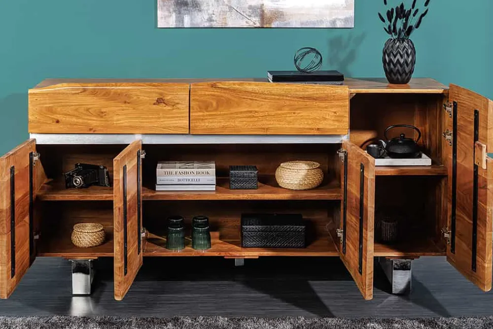 Riess-Ambiente Mehr...|Industrial Loft > Massivholz Sideboard MAMMUT 170cm Akazie Baumkante mit Schubladen Kufengestell Edelstahl