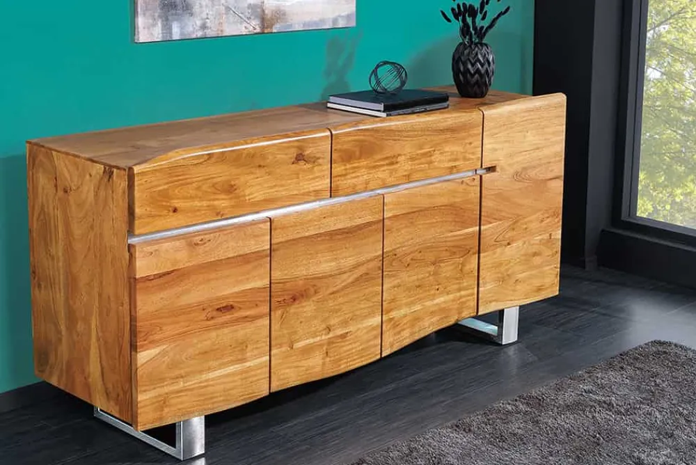 Riess-Ambiente Mehr...|Industrial Loft > Massivholz Sideboard MAMMUT 170cm Akazie Baumkante mit Schubladen Kufengestell Edelstahl