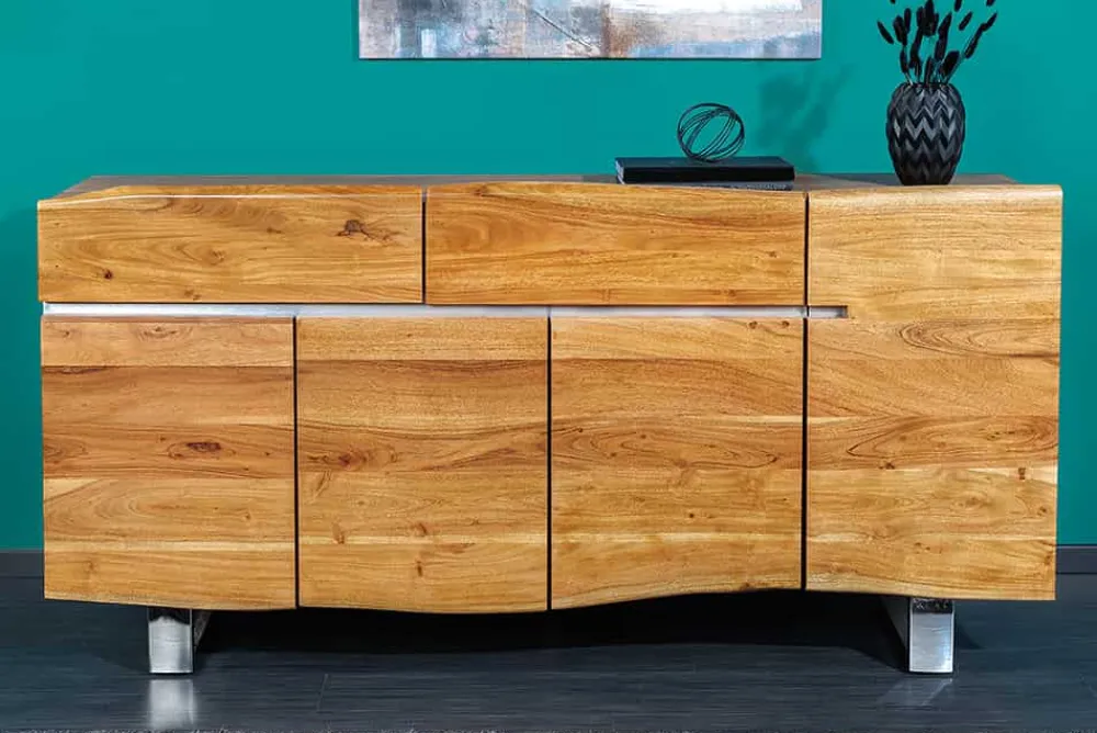Riess-Ambiente Mehr...|Industrial Loft > Massivholz Sideboard MAMMUT 170cm Akazie Baumkante mit Schubladen Kufengestell Edelstahl