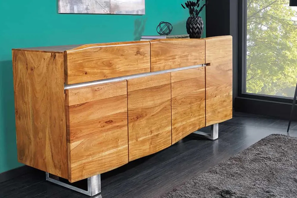 Riess-Ambiente Mehr...|Industrial Loft > Massivholz Sideboard MAMMUT 170cm Akazie Baumkante mit Schubladen Kufengestell Edelstahl