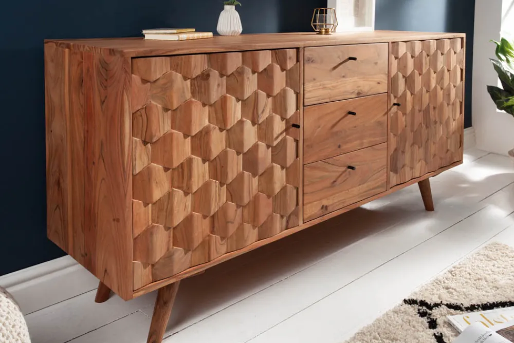 Riess-Ambiente Mehr...|Retro Möbel > Massivholz Sideboard MYSTIC LIVING 145cm Akazie natur Kommode mit Schubladen 3D-Design