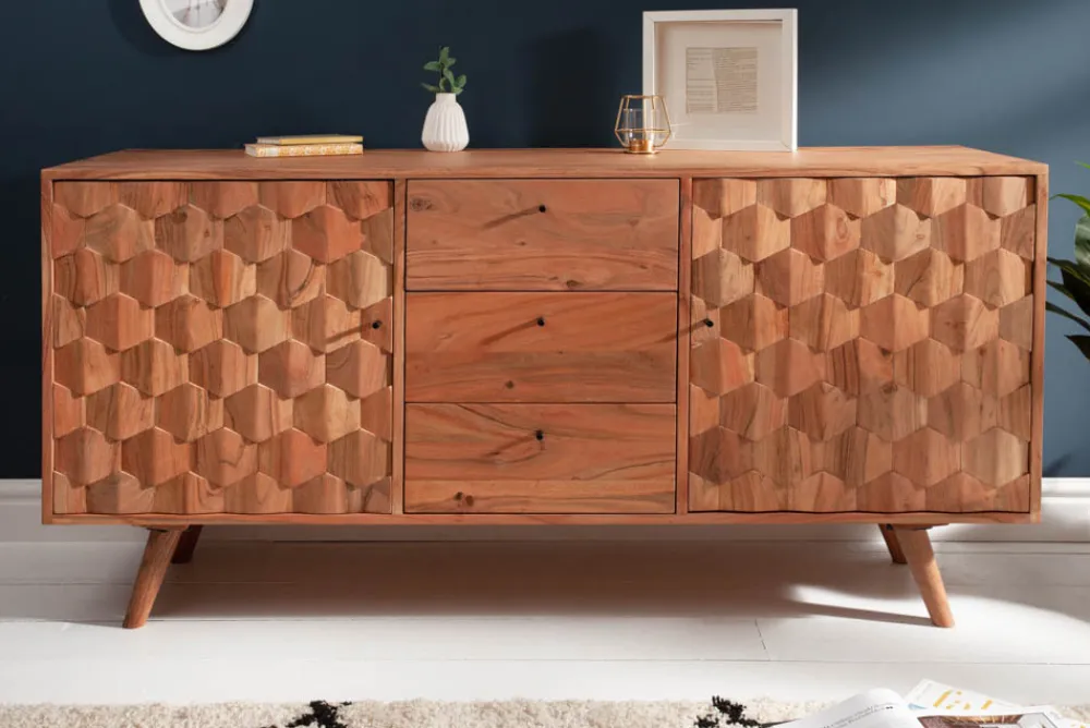 Riess-Ambiente Mehr...|Retro Möbel > Massivholz Sideboard MYSTIC LIVING 145cm Akazie natur Kommode mit Schubladen 3D-Design