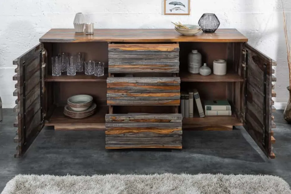 Riess-Ambiente Mehr...|Retro Möbel > Massivholz Sideboard RELIEF 160cm Sheesham grau smoke finish Kommode mit Schubladen