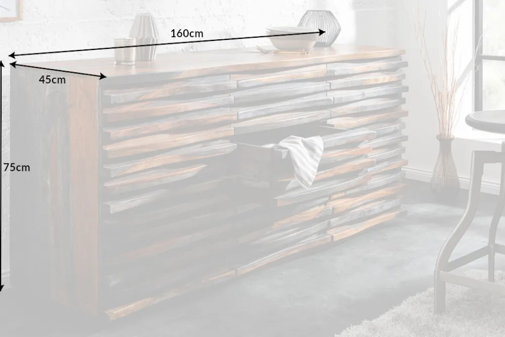 Riess-Ambiente Mehr...|Retro Möbel > Massivholz Sideboard RELIEF 160cm Sheesham grau smoke finish Kommode mit Schubladen