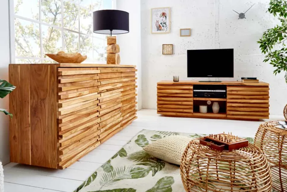 Riess-Ambiente Mehr...|Retro Möbel > Massivholz Sideboard RELIEF 160cm Akazie Kommode mit Schubladen aufwändige Front