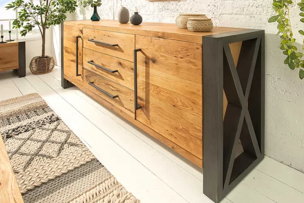 Riess-Ambiente Mehr...|Industrial Loft > Massivholz Sideboard THOR 200cm mit Schubladen natur Wildeiche geölt Metall schwarz