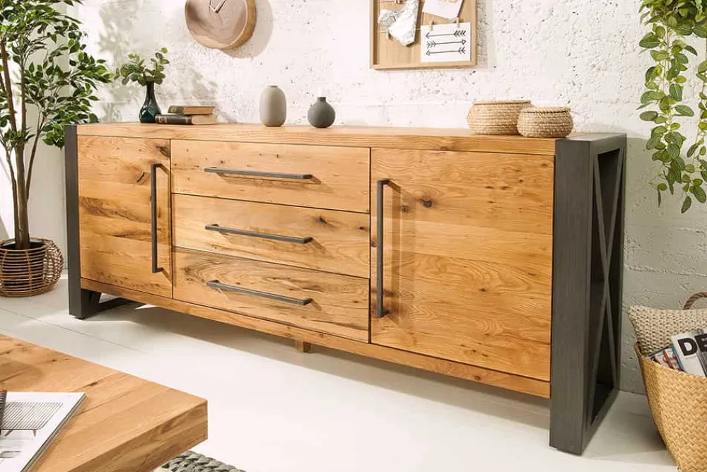 Riess-Ambiente Mehr...|Industrial Loft > Massivholz Sideboard THOR 200cm mit Schubladen natur Wildeiche geölt Metall schwarz