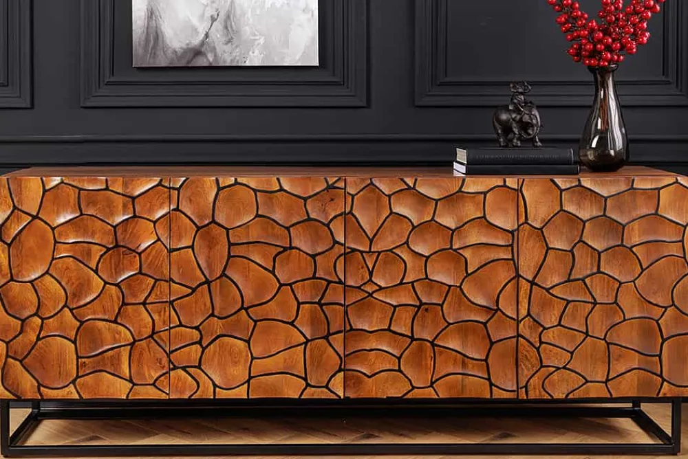 Riess-Ambiente Mehr...|Massivholzschränke > Massivholz Sideboard VULCANO 180cm braun Mangoholz mit 3D Schnitzereien handmade Metallgestell schwarz