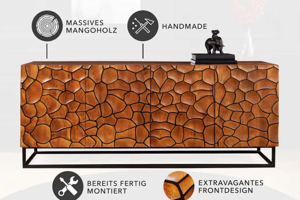 Riess-Ambiente Mehr...|Massivholzschränke > Massivholz Sideboard VULCANO 180cm braun Mangoholz mit 3D Schnitzereien handmade Metallgestell schwarz