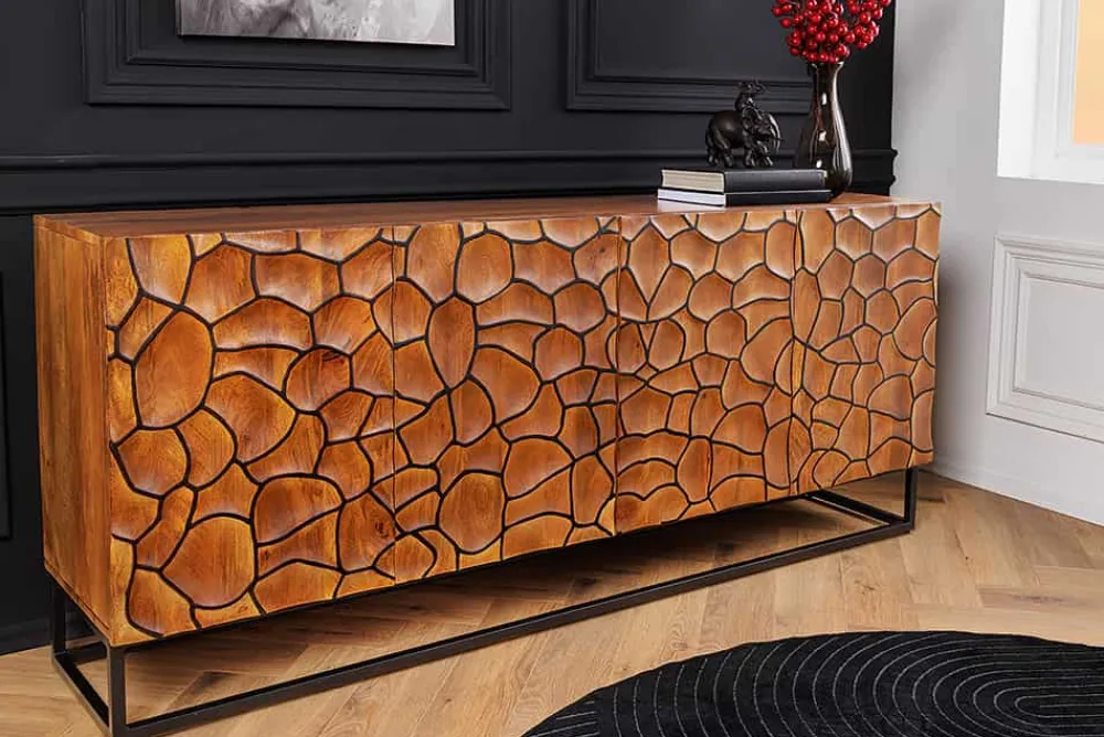 Riess-Ambiente Mehr...|Massivholzschränke > Massivholz Sideboard VULCANO 180cm braun Mangoholz mit 3D Schnitzereien handmade Metallgestell schwarz