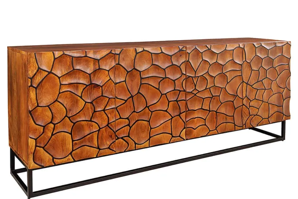 Riess-Ambiente Mehr...|Massivholzschränke > Massivholz Sideboard VULCANO 180cm braun Mangoholz mit 3D Schnitzereien handmade Metallgestell schwarz