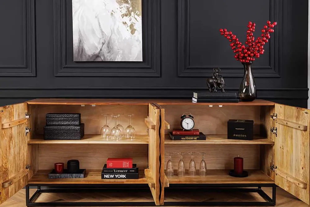 Riess-Ambiente Mehr...|Massivholzschränke > Massivholz Sideboard VULCANO 180cm braun Mangoholz mit 3D Schnitzereien handmade Metallgestell schwarz