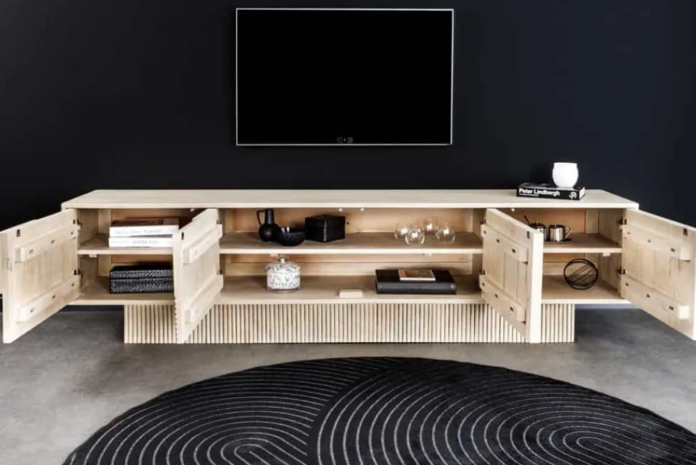 Riess-Ambiente Retro Möbel|Tv- & Lowboards > Massivholz TV-Lowboard ART DECO 200cm weiß gekälkt Mangoholz 3D-Front