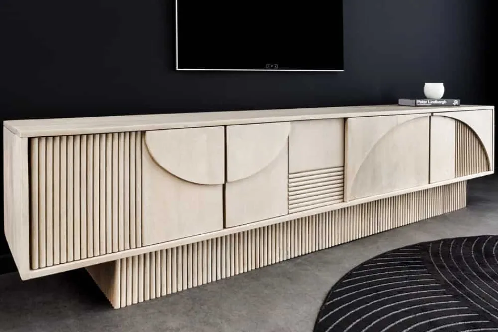 Riess-Ambiente Retro Möbel|Tv- & Lowboards > Massivholz TV-Lowboard ART DECO 200cm weiß gekälkt Mangoholz 3D-Front