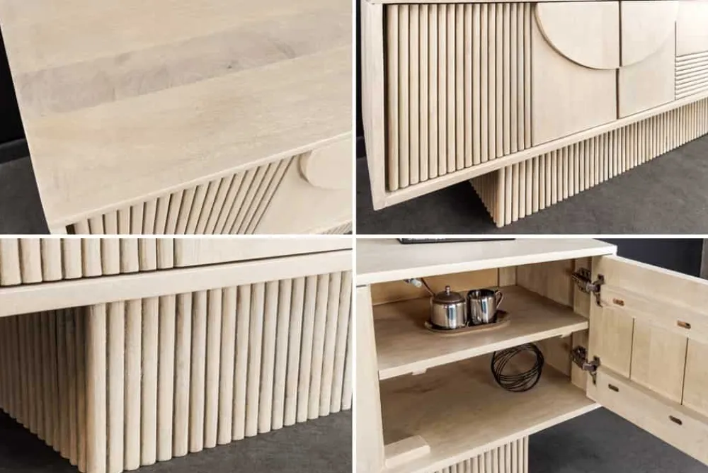 Riess-Ambiente Retro Möbel|Tv- & Lowboards > Massivholz TV-Lowboard ART DECO 200cm weiß gekälkt Mangoholz 3D-Front
