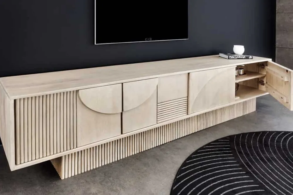 Riess-Ambiente Retro Möbel|Tv- & Lowboards > Massivholz TV-Lowboard ART DECO 200cm weiß gekälkt Mangoholz 3D-Front
