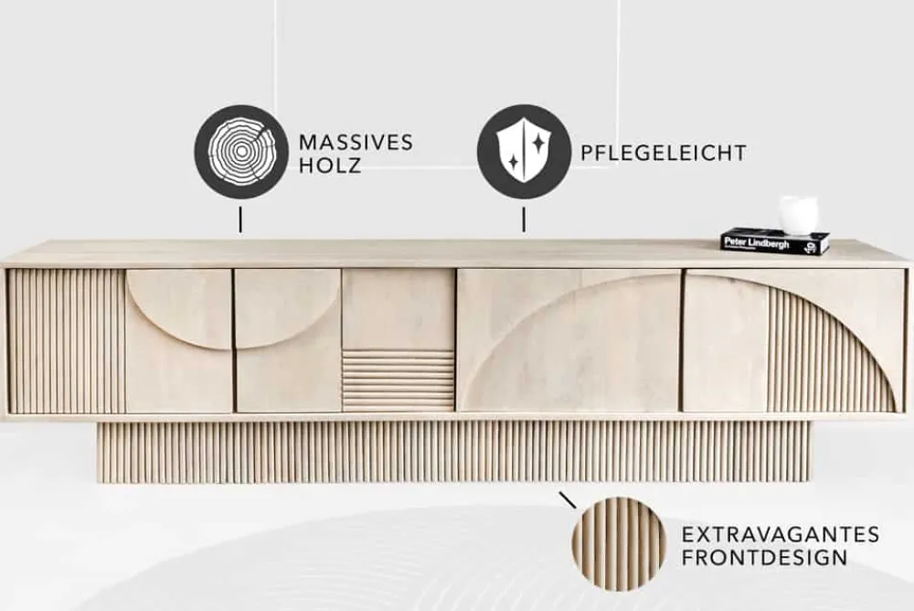 Riess-Ambiente Retro Möbel|Tv- & Lowboards > Massivholz TV-Lowboard ART DECO 200cm weiß gekälkt Mangoholz 3D-Front