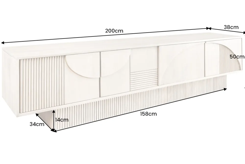 Riess-Ambiente Retro Möbel|Tv- & Lowboards > Massivholz TV-Lowboard ART DECO 200cm weiß gekälkt Mangoholz 3D-Front