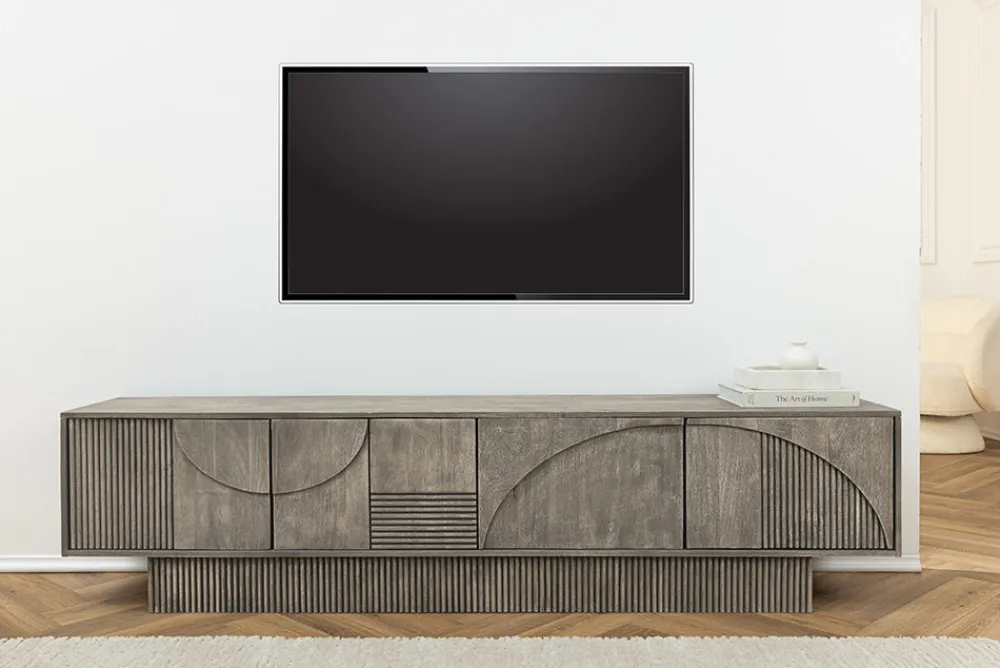 Riess-Ambiente Skandinavisch|Tv- & Lowboards > Massivholz TV-Lowboard ART DECO 200cm grau smoked Mangoholz 3D-Front