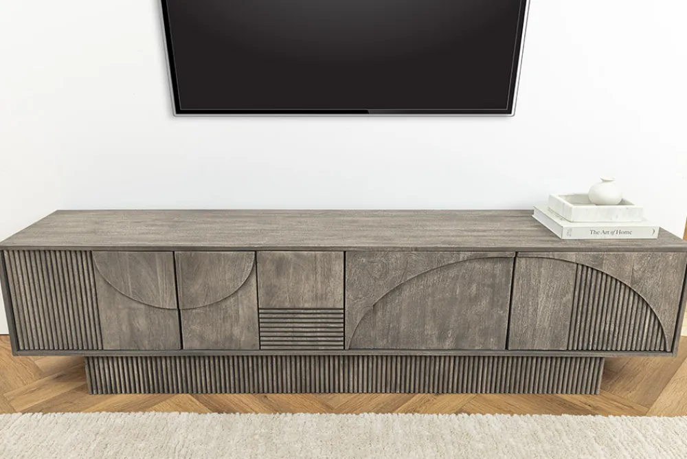 Riess-Ambiente Skandinavisch|Tv- & Lowboards > Massivholz TV-Lowboard ART DECO 200cm grau smoked Mangoholz 3D-Front