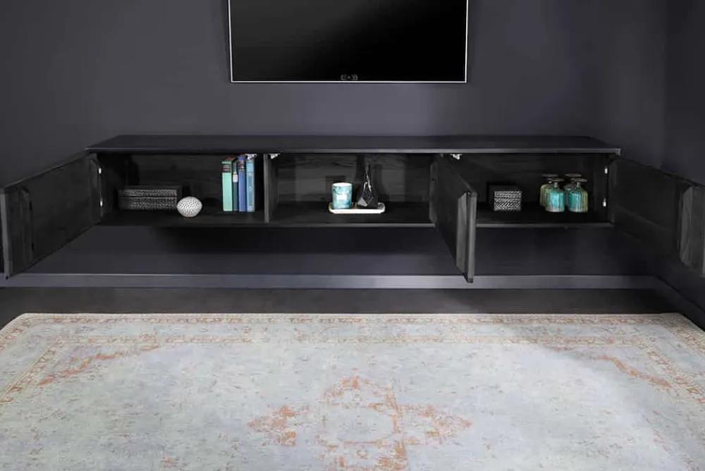 Riess-Ambiente Tv- & Lowboards|Industrial Loft > Massivholz TV Lowboard MOUNTAIN SOUL 200cm echter Naturstein Akazie schwarz hängend / stehend