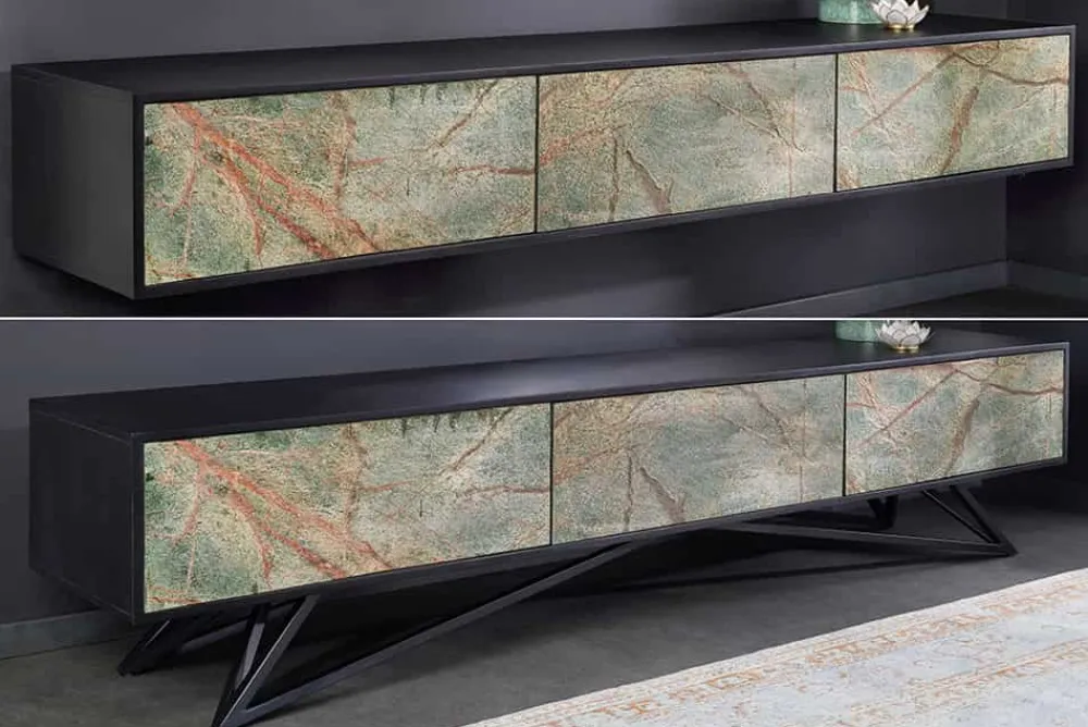 Riess-Ambiente Tv- & Lowboards|Industrial Loft > Massivholz TV Lowboard MOUNTAIN SOUL 200cm echter Naturstein Akazie schwarz hängend / stehend